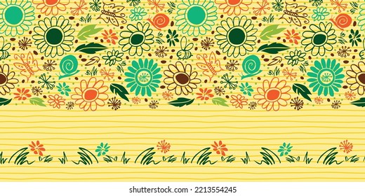 Vector doodle happy daisy yellow pen scribbles upper horizontal border pattern. Suitable for greeting cards.