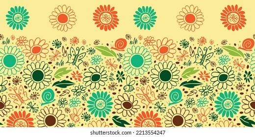 Vector doodle happy daisy yellow pen scribbles horizontal border pattern. Suitable for greeting cards.