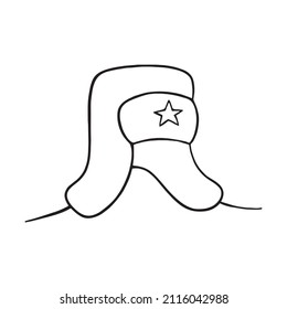 vector doodle hat icon, ushanka hat, soviet headdress. outline style on white background isolated