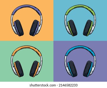 Vector doodle of a headphone icon in four different colors. Sketch style illustration.