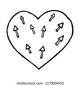 Vector doodle heart with arrow pattern. Isolated linear black contour of heart on white