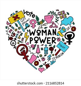 Vector doodle heart of feminism, women s rights. Grunge hand drawn vector icons for 8 march Feminism protest symbol isolated on transparency background. A rally to fight for voting rights