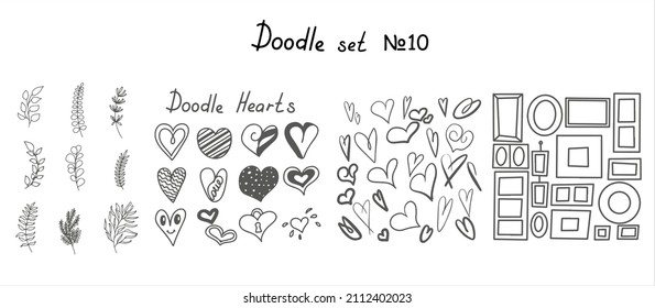 Vector doodle heart, Flowers, Tree branches with leaf, frames of different shapes and sizes. Big sketch set. Hand draw photo frames, Floral vector design elements. Hand drawn decorative leaves and