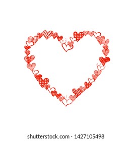 Vector Doodle Heart Made of Small Heart Drawings, Bright Red Color, Cute Frame Illustration, Blank Template Isolated on White Background.