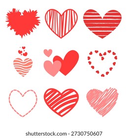 Vektor Doodle Herz Skizze. Eine vielfältige Sammlung handgezeichneter Herzsymbole, die dem Valentinstag gewidmet sind. Konzepte für Liebe, Dating, Romantik und mehr. Element für Ihr Design.