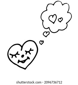 El garabato vectorial sonríe el corazón con los ojos cerrados. Pensamientos sobre el amor. Día de San Valentín, postal. Imagen divertida de un corazón.