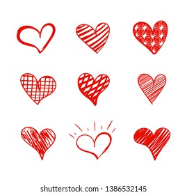 Vector Doodle Hearts Collection, Hand Drawn Red Icons Isolated on White Background.