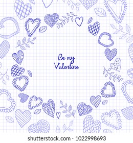 Vector doodle hearts frame. Happy valentines day card. Vector illustration.