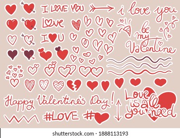 Vector doodle hearts hand-drawn stickers set, Valentine collection of love symbols and lettering