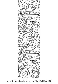 Vector doodle hearts seamless border. Zentangle decorative element. Color book page.