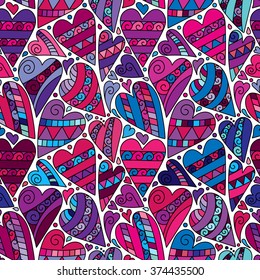 Vector Doodle Hearts Seamless Pattern Background with many hand drawn hearts. Perfect for Valentine's Day design. Violet, lilac, pink, blue background.