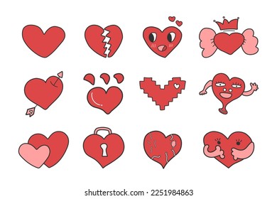 Vector doodle hearts set. All characters of heart by hand drawn.