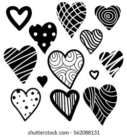 Vector doodle hearts. Valentine's Day design elements. Collection of Black and White Hand Drawn Doodle Shapes