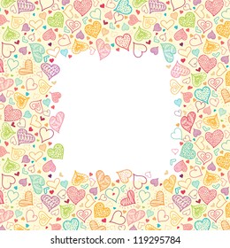Vector Doodle Hearts Vertical frame Background ornament with many hand drawn heart shapes. Perfect for Valentine's Day design.