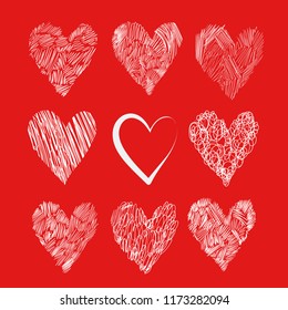 Vector doodle hearts for your design. White on red.