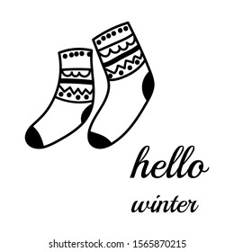 Vector doodle. Hello winter. Socks with quote.