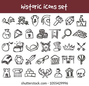Vector doodle historic icons set. Stock cartoon signs for design.