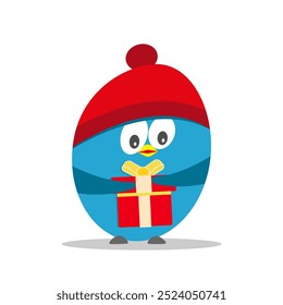 Vector Doodle holiday blue bird in red cap with festive Christmas gift