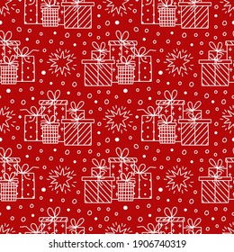 Vector Doodle Holiday Symbols Seamless Pattern. Gift Boxes of different size and decoration, Shining Stars, Confetti. Background for Birthday, Christmas design scrapbooking, wrapping paper, textile