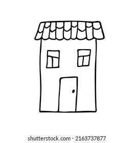 El doodle vectorial casa estilo infantil. Esquema de construcción con ventanas, puerta y techo en fondo blanco