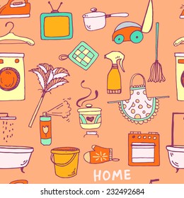 Vector doodle house cleaning seamless pattern background