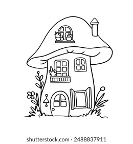 Vector doodle house in the form of a mushroom with windows and 
door. Surrounded by flowers. Coloring book for girls and boys fairytale mushroom house