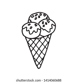 Vector doodle ice cream cone, black and white isolated on white background