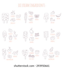vector doodle ice cream and ingredients isolated on white background. hand drawn illustration for menu, recipe, kitchen, cafe stuff.