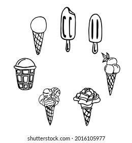 Vector doodle ice cream set includes: ice cream in a waffle cup,  balls, in the form of a rose, popsicle, on a wooden stick