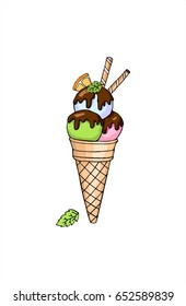 Vector doodle ice cream in a waffle horn with orange, chocolate and mint. Hand drawn illustration.