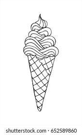 Vector doodle ice cream in a waffle horn. Hand drawn black and white illustration