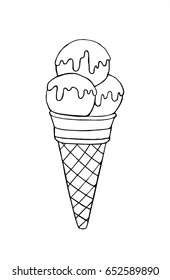 Vector doodle ice cream in a waffle horn. Hand drawn black and white illustration