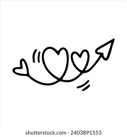 Vector doodle icon of arrow with hearts. Outline drawing for card, Valentine's day, birthday, wedding