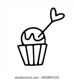 Vector doodle icon of a cake with a heart. Outline drawing for card, Valentine's day, birthday, wedding