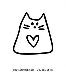 Vector doodle icon of a cat with heart. Outline drawing for card, Valentine's day, birthday, wedding