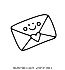 Vector doodle icon of envelope with heart and smile. outline drawing for card, Valentine's day, birthday, wedding