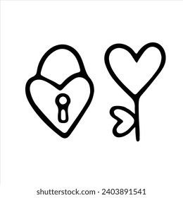 Vector doodle icon of a heart shaped lock with key. Outline drawing for card, Valentine's day, birthday, wedding