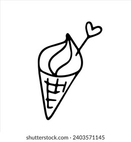 Vector doodle icon of ice cream with heart. Line drawing for card, Valentine's day, birthday, wedding