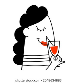 Vector doodle icon illustration, a young woman with a glass of red wine in a romantic setting celebrates Valentine's Day alone and in harmony with herself. The concept of loving yourself.