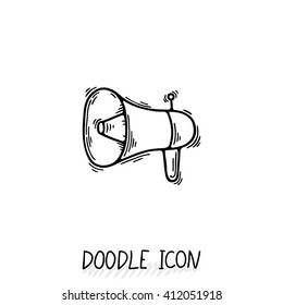 Vector doodle icon with megaphone. Speaker pictogram. Connecting element. Voice power.