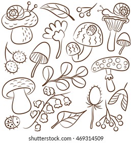 Vector doodle icon set with mushroom, ladybird, snail, flower and leaf. Nature colorful collection of childish characters and plants.