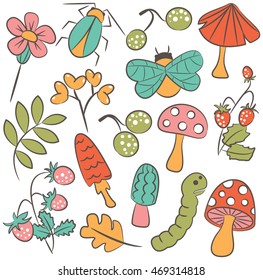 Vector doodle icon set with mushroom, warm, bug, strawberry and leaf. Nature colorful collection of childish characters and plants.