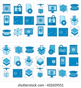 Vector doodle icons 3d printing