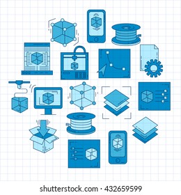 Vector doodle icons 3d printing