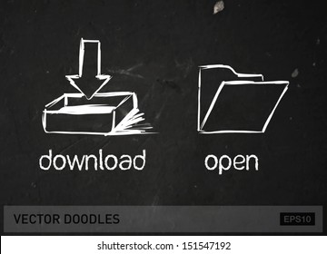Vector doodle icons, chalk on blackboard (open and download)