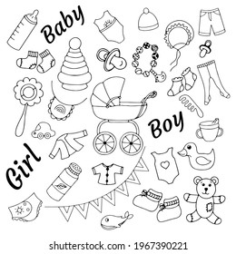 Vector doodle icons of children's things and toys