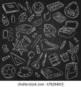 Vector Doodle Icons Collection. School supplies. Back to school, the first day of study. Background, pattern, wallpaper, texture. Template for flyer, advertisement, banner.
chalkboard blackboard
