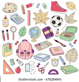Vector Doodle Icons Collection. School supplies. Back to school, the first day of study. Background, pattern, wallpaper, texture. Template for flyer, advertisement, banner.
