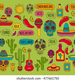 Vector doodle icons Mexican party Hello How are you Food Drinks