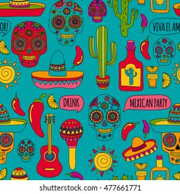 Vector doodle icons Mexican party Hello How are you Food Drinks